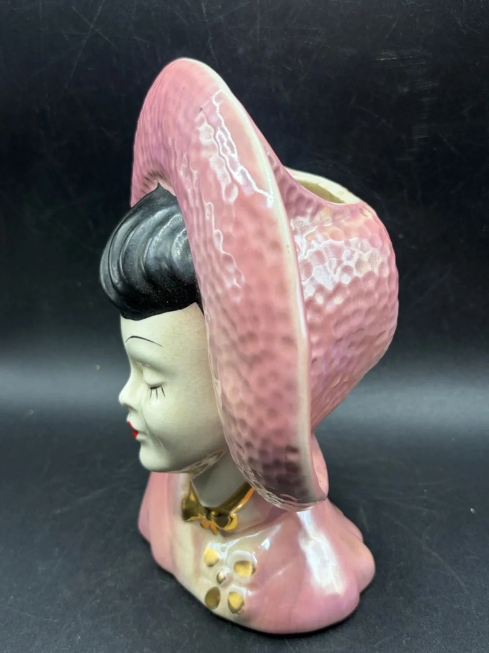 Vintage MCM Hand Painted Lusterware Pink Hat Lady Head Vase Ceramic Wall Pocket